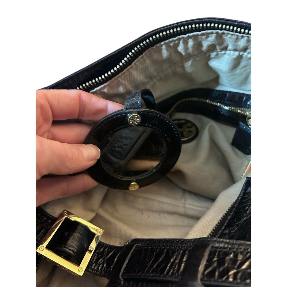 Tory Burch Black Glazed Distressed Leather Shoulder Tote Hobo Bag Gold Trim - Picture 7 of 14